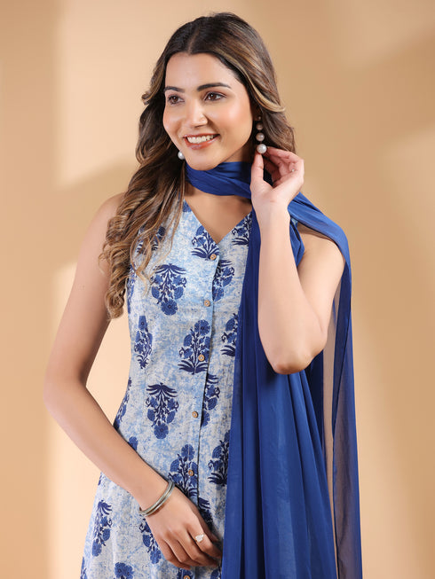 Indigo Pure Cotton Floral Printed A-line Kurta Set